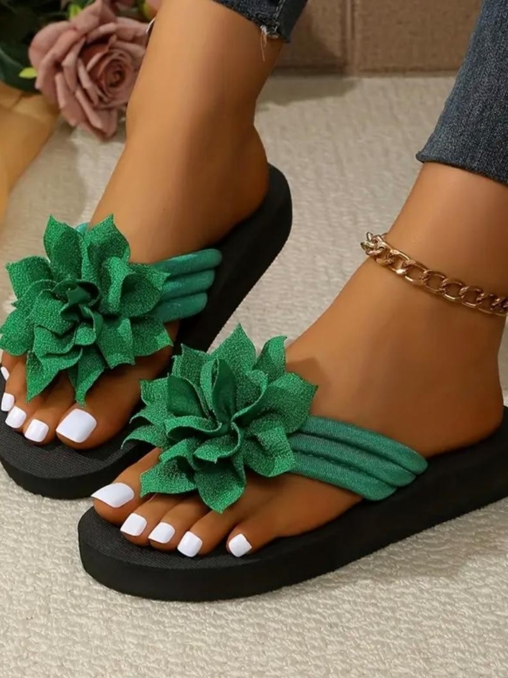 Green Floral Slide Sandals for Women